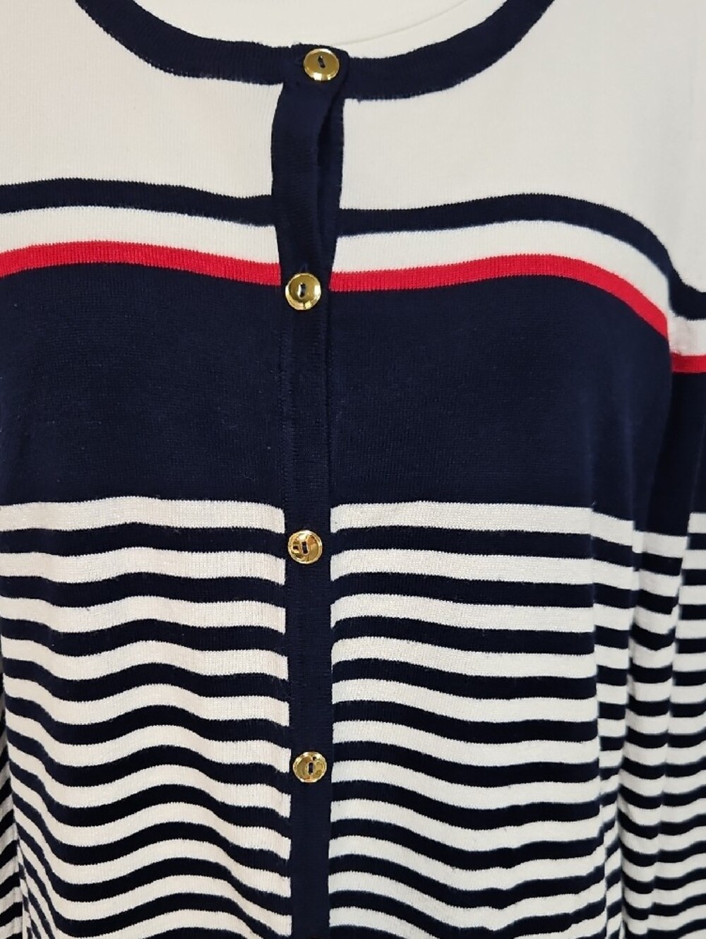 Kim Rogers Navy & White Striped Button Cardigan with Red Trim - Picture 2 of 6